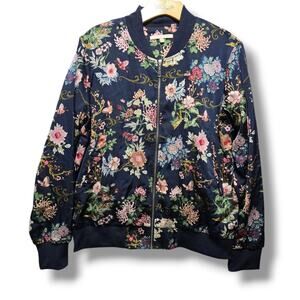 Style Me Women's Size M Navy Blue Asian Floral Butterfly Satin Bomber Jacket